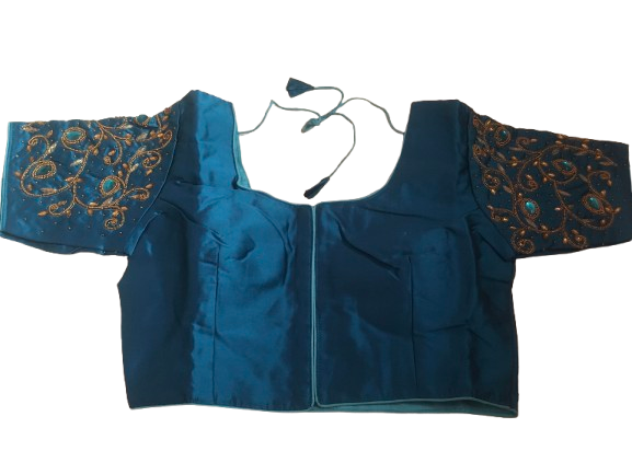 Raw Silk Teal blue Designer Blouse 48